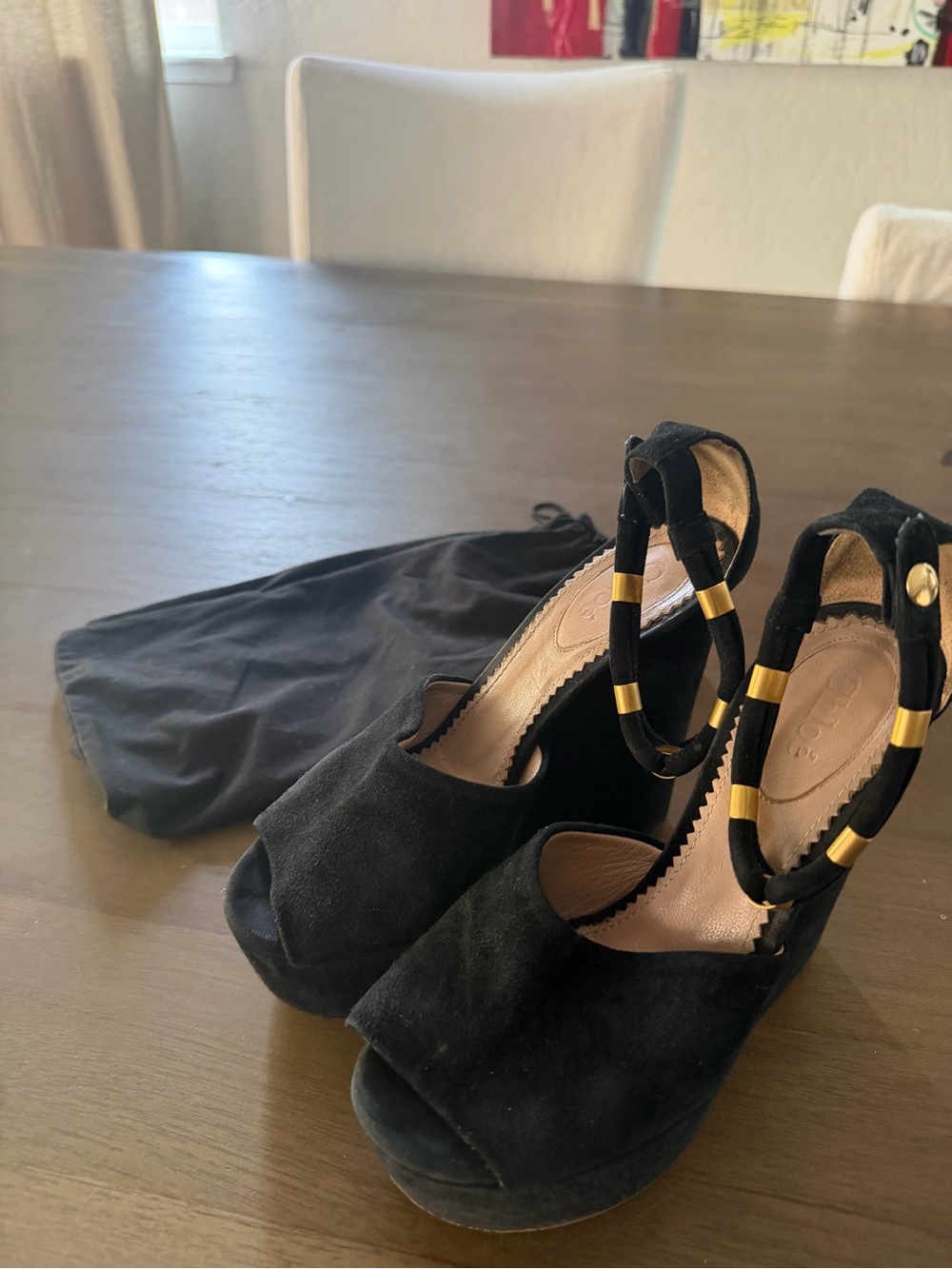 Chloe Black Suede Peep-Toe Wedge Sandals with Gold Accent Ankle Hoops